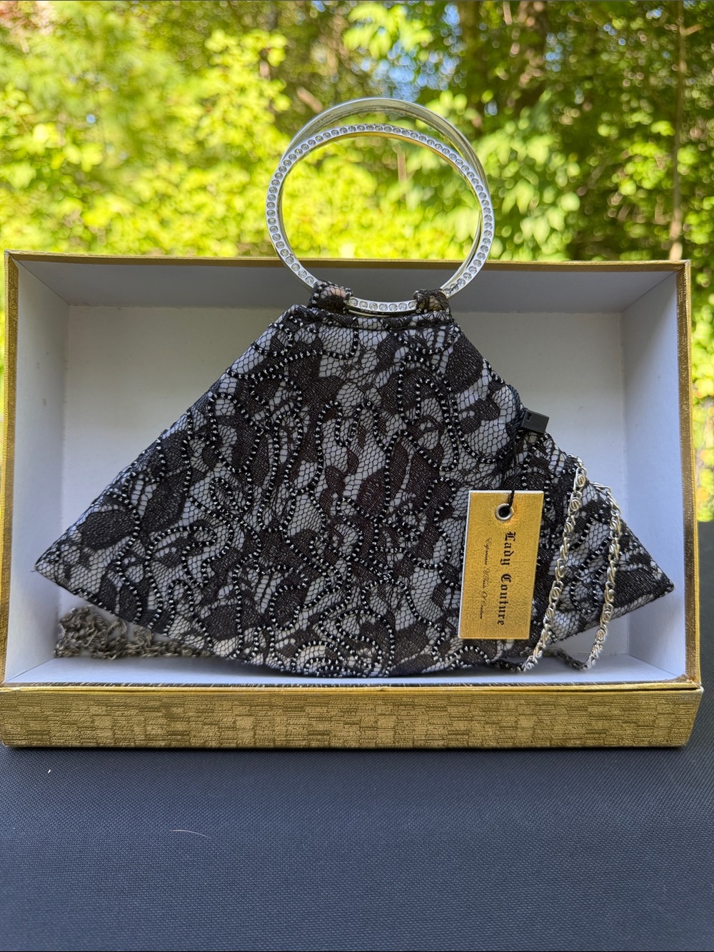 Beaded Lace Evening Wristlet Clutch in Black & Silver